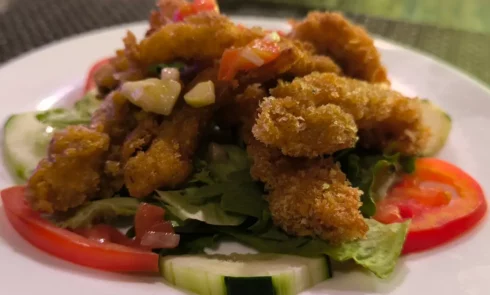 A proximité du Campement Houéfa, vous pourrez déguster des plats traditionnels sénégalais voire gastronomiques. L'image représente une assiette d'entrée composée de beignets de crevette, salade verte, tomate et concombre.